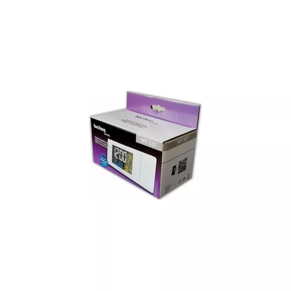 Verpackung eines Techno WT 537 Projektionsweckers mit Digitalanzeige.