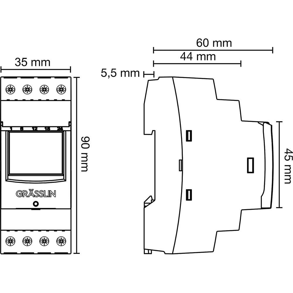 Disegni tecnici di un interruttore orario con dimensioni: 35x90 mm e 44x45 mm.