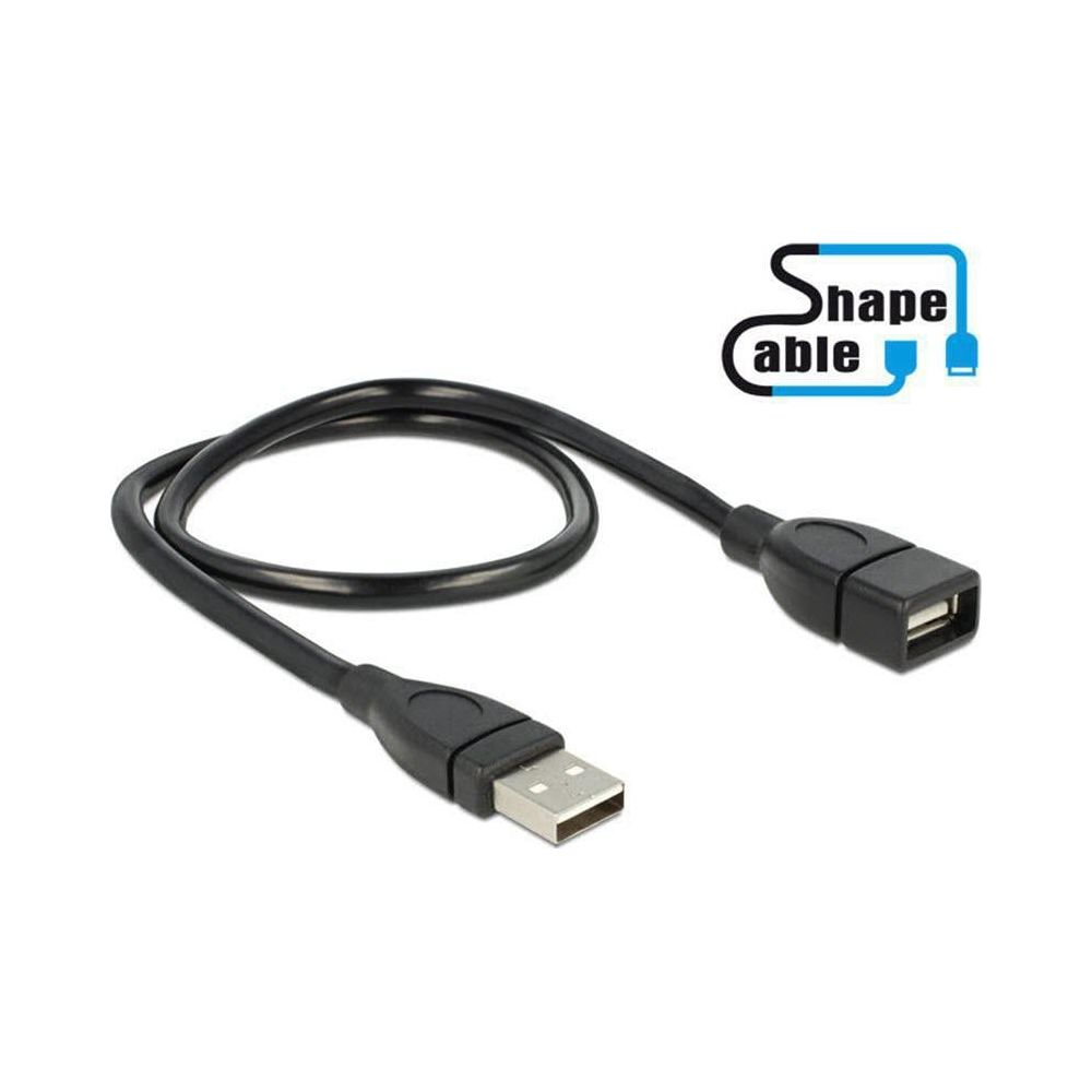 Un câble USB noir avec un connecteur mâle et un connecteur femelle sur fond blanc.