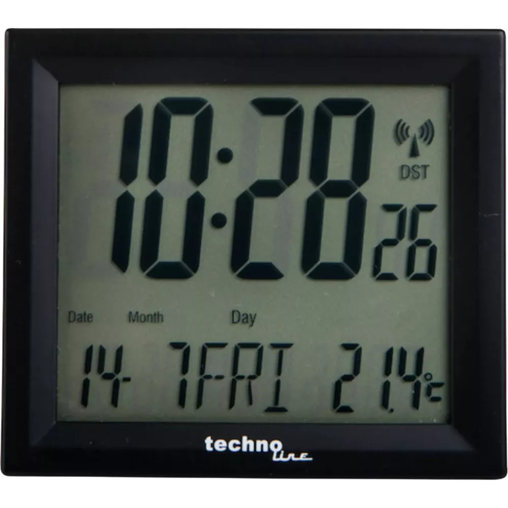 Digitaluhr zeigt 10:28, Datum 14. Fri, 21.4 Grad Celsius.