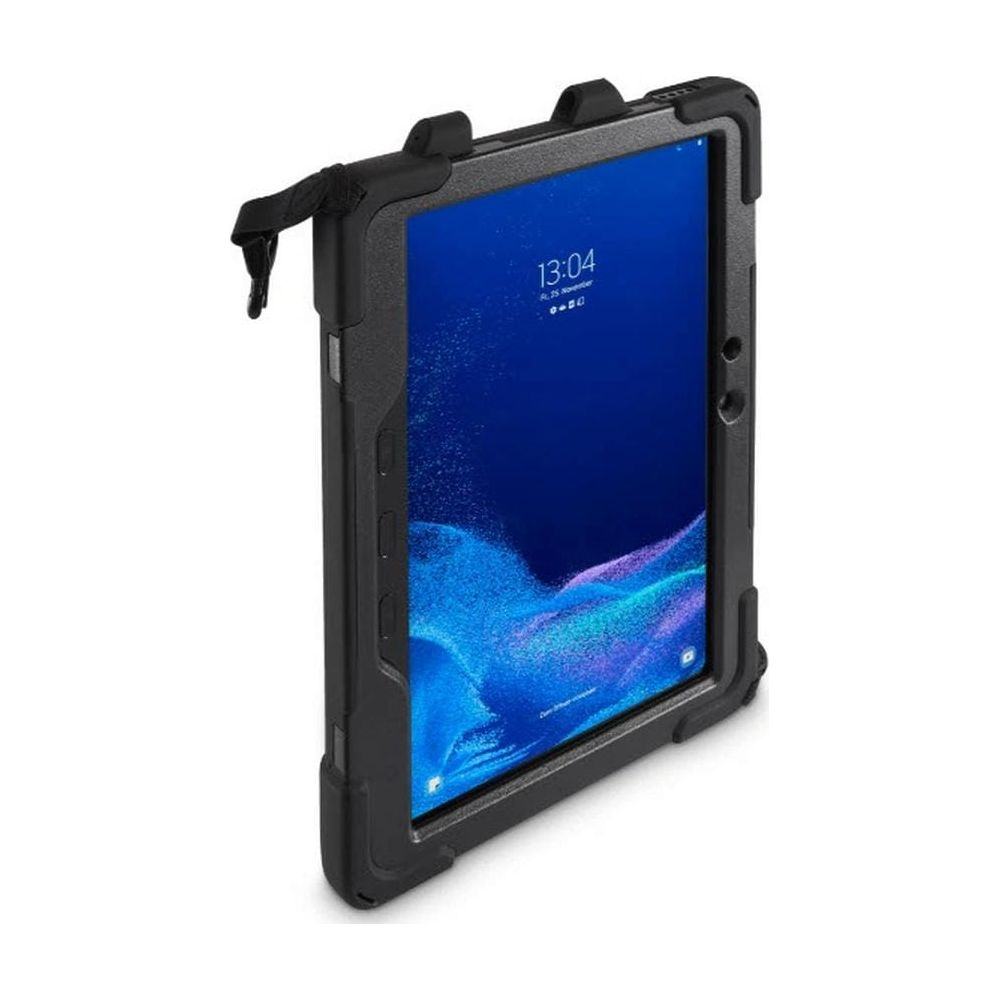 Ein schwarzes Tablet in einer robusten Hülle mit blauem Hintergrund.