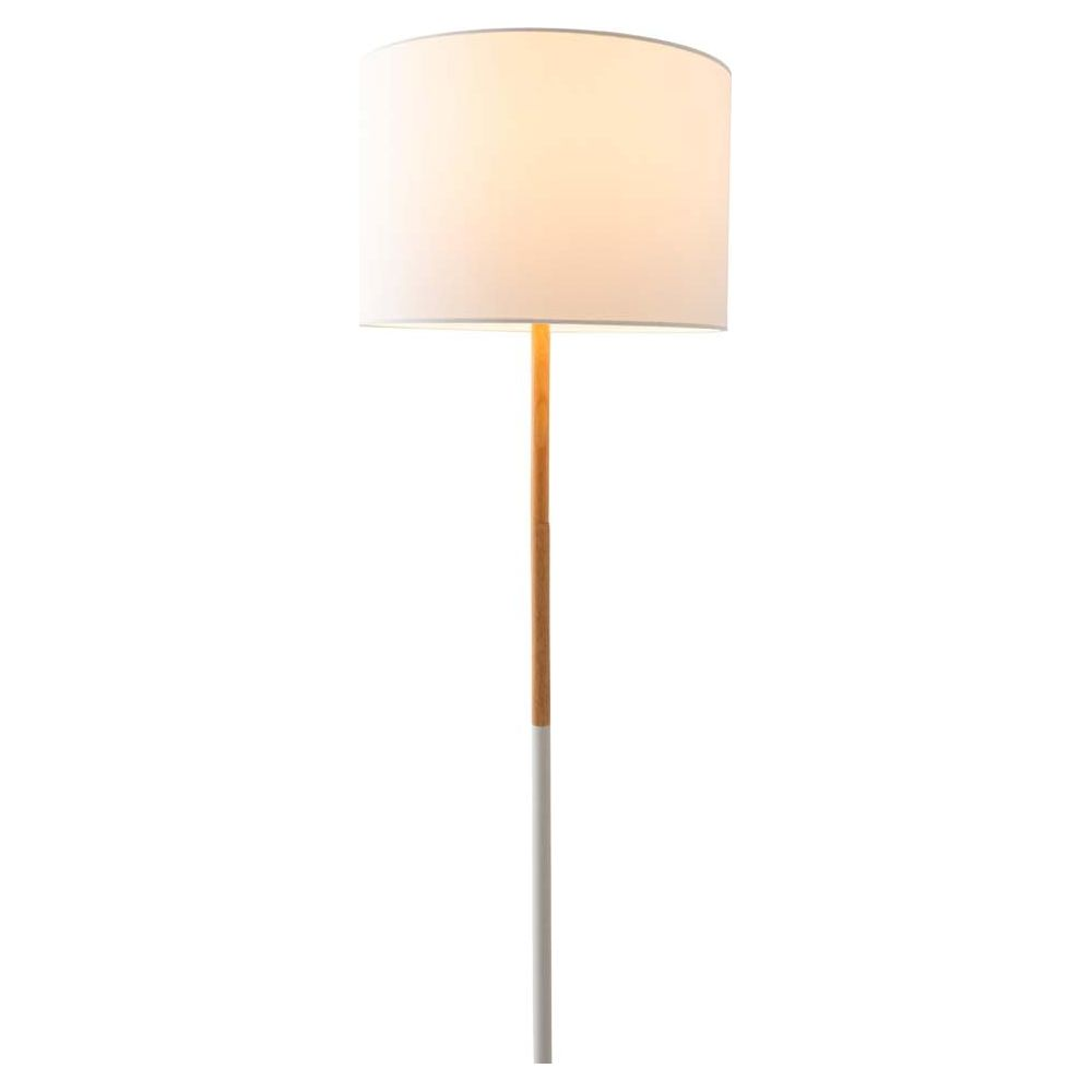 Lampadaire avec abat-jour blanc et pied bois/blanc. Émet une lumière chaude.