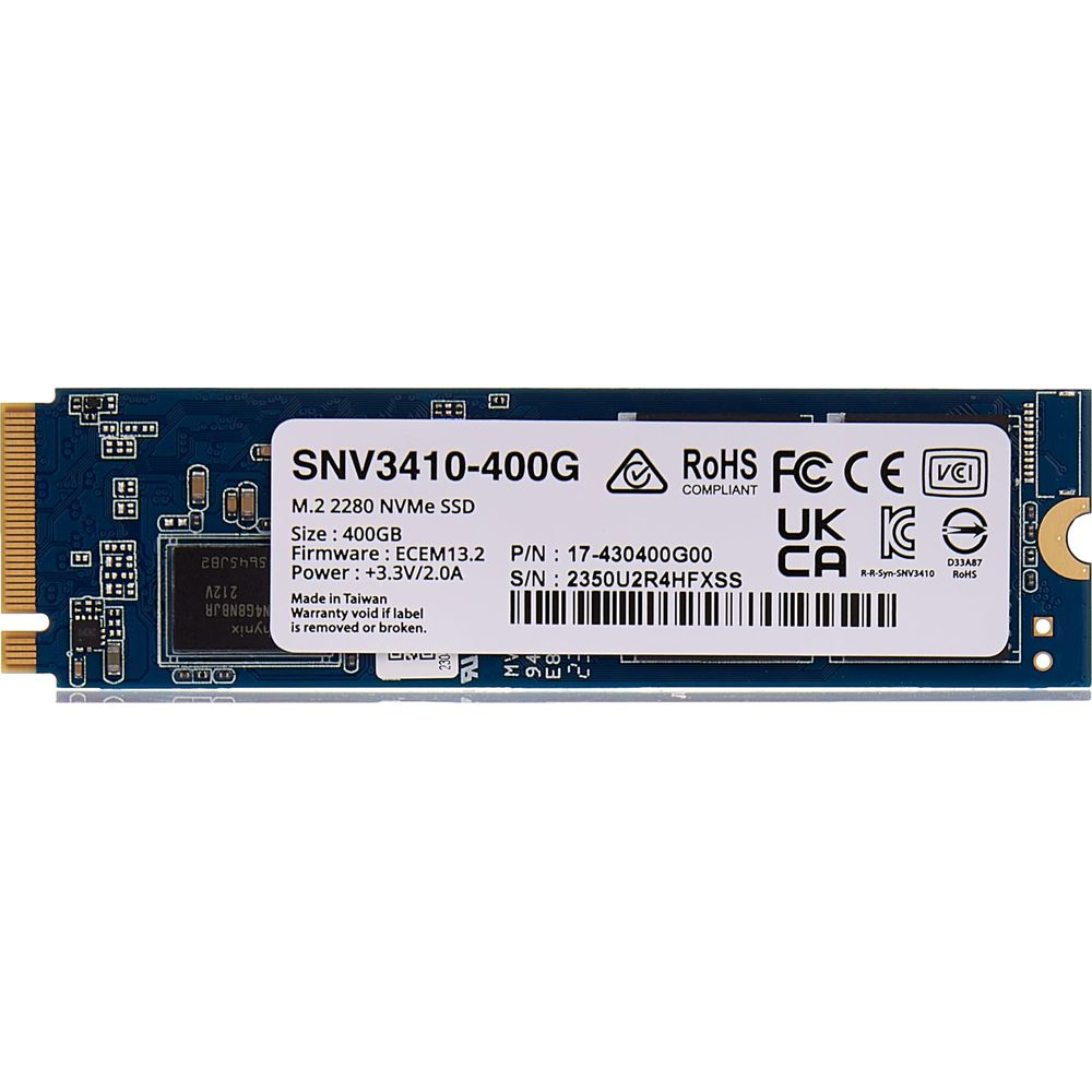 Niebieski dysk SSD NVMe M.2 400 GB z etykietami i elementami.