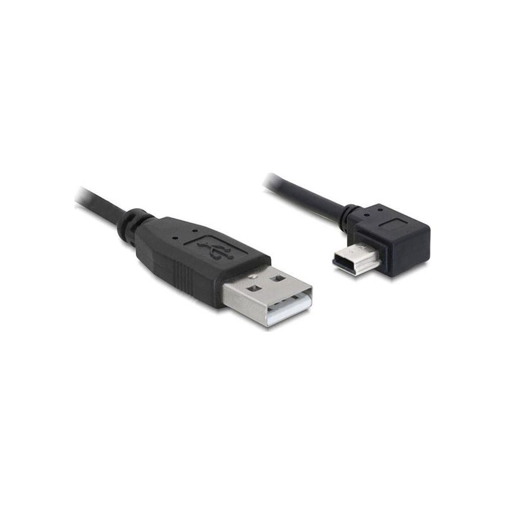 Een zwarte USB-kabel met standaard USB-A en een haakse Micro-USB-connector.