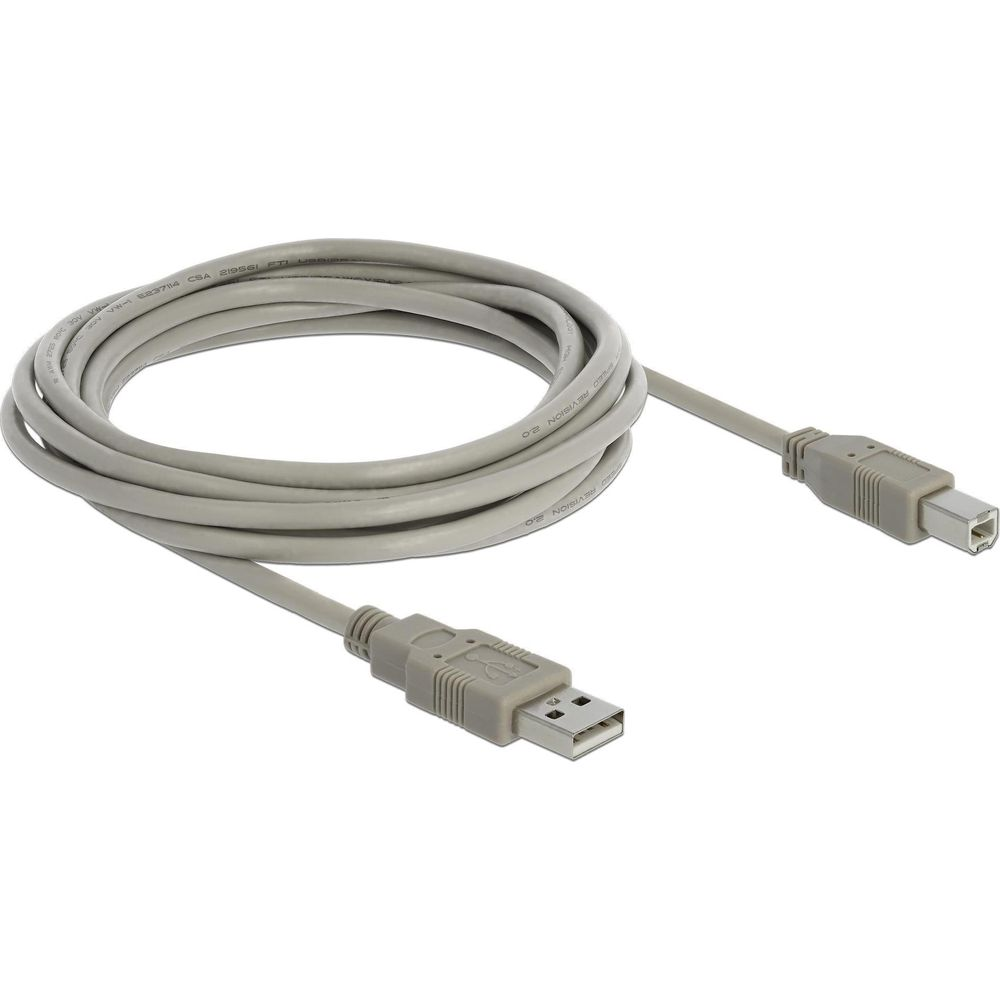 Cavo USB grigio con due connettori, arrotolato.