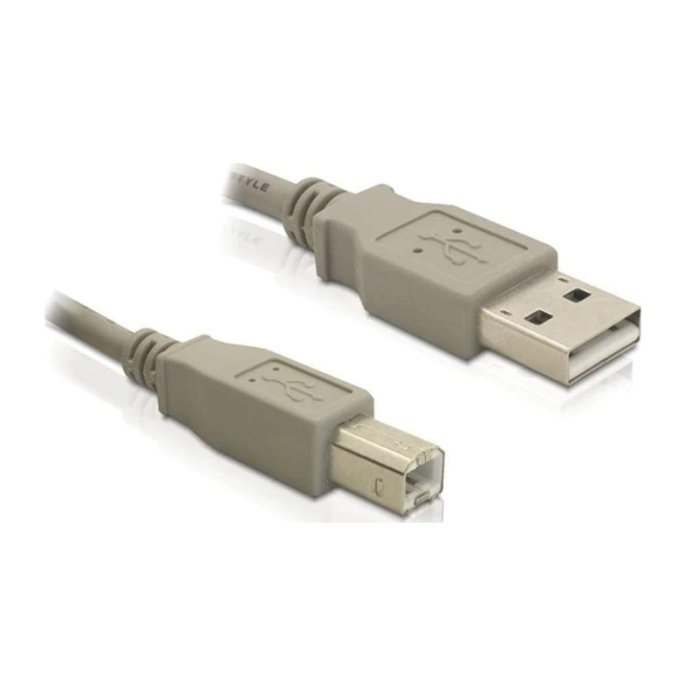 Due cavi USB grigi con connettori di tipo A e di tipo B su sfondo bianco.