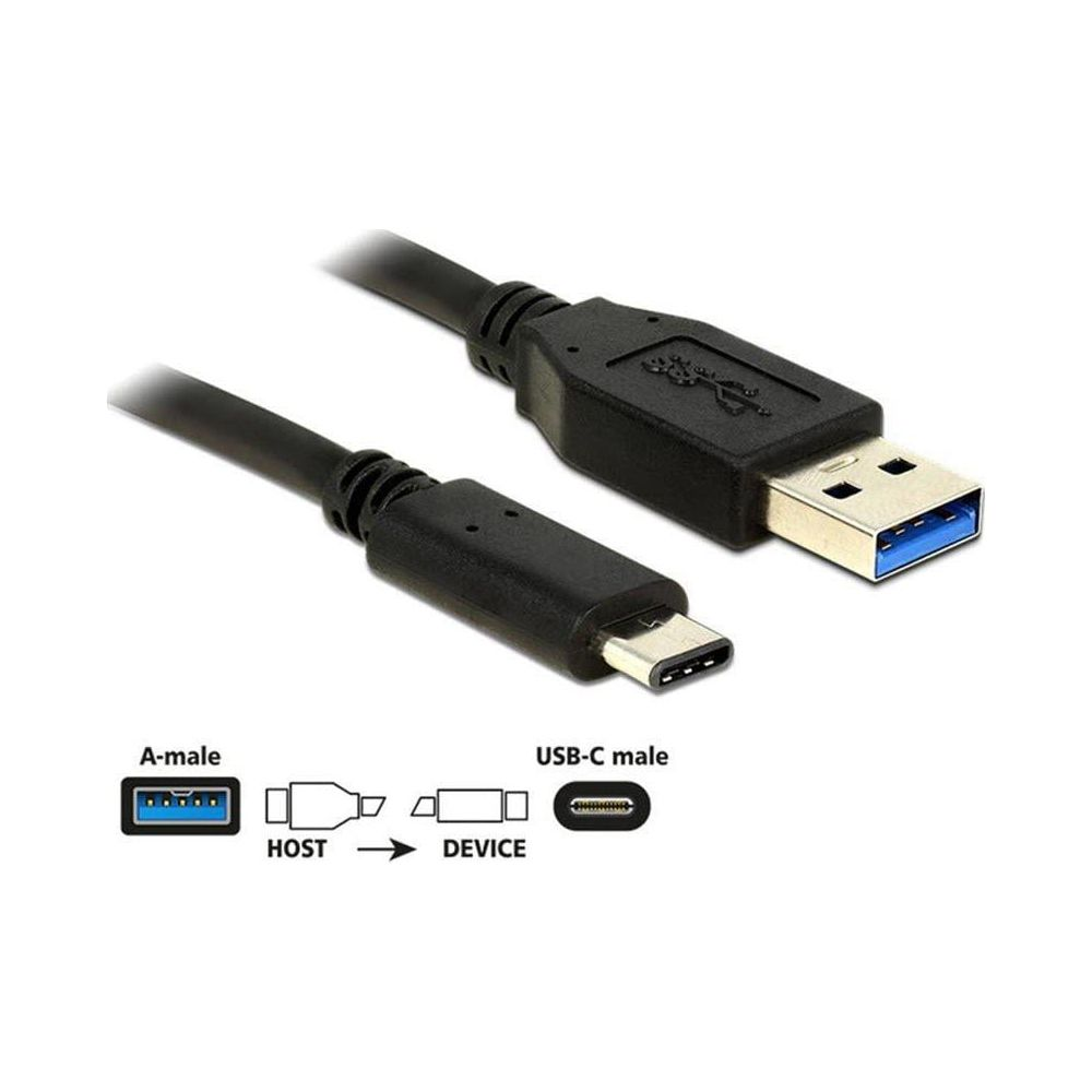 A black USB-C to USB-A cable lies on a white background.