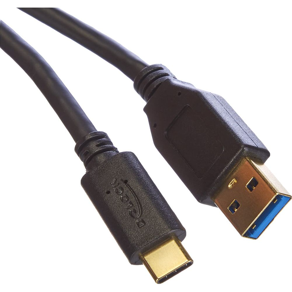 A black USB-C to USB-A cable with gold connectors.