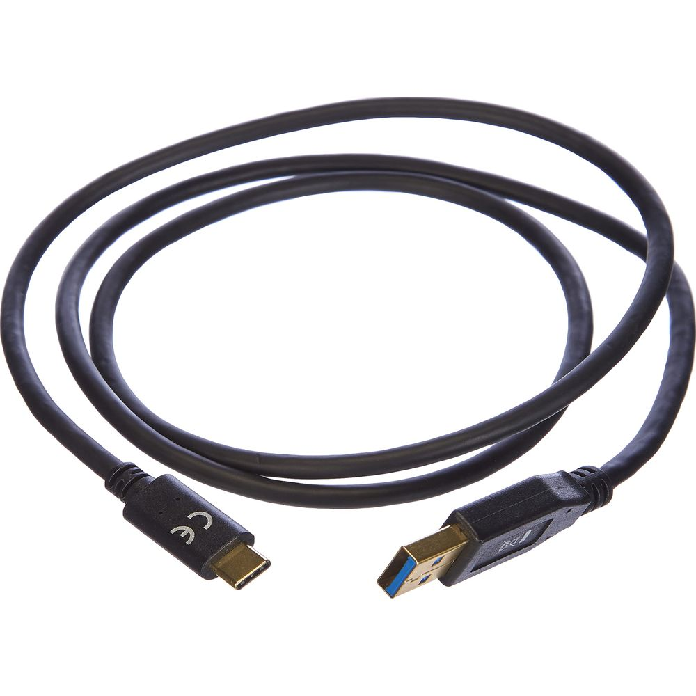 Black USB-C to USB 3.0 cable on a white background.