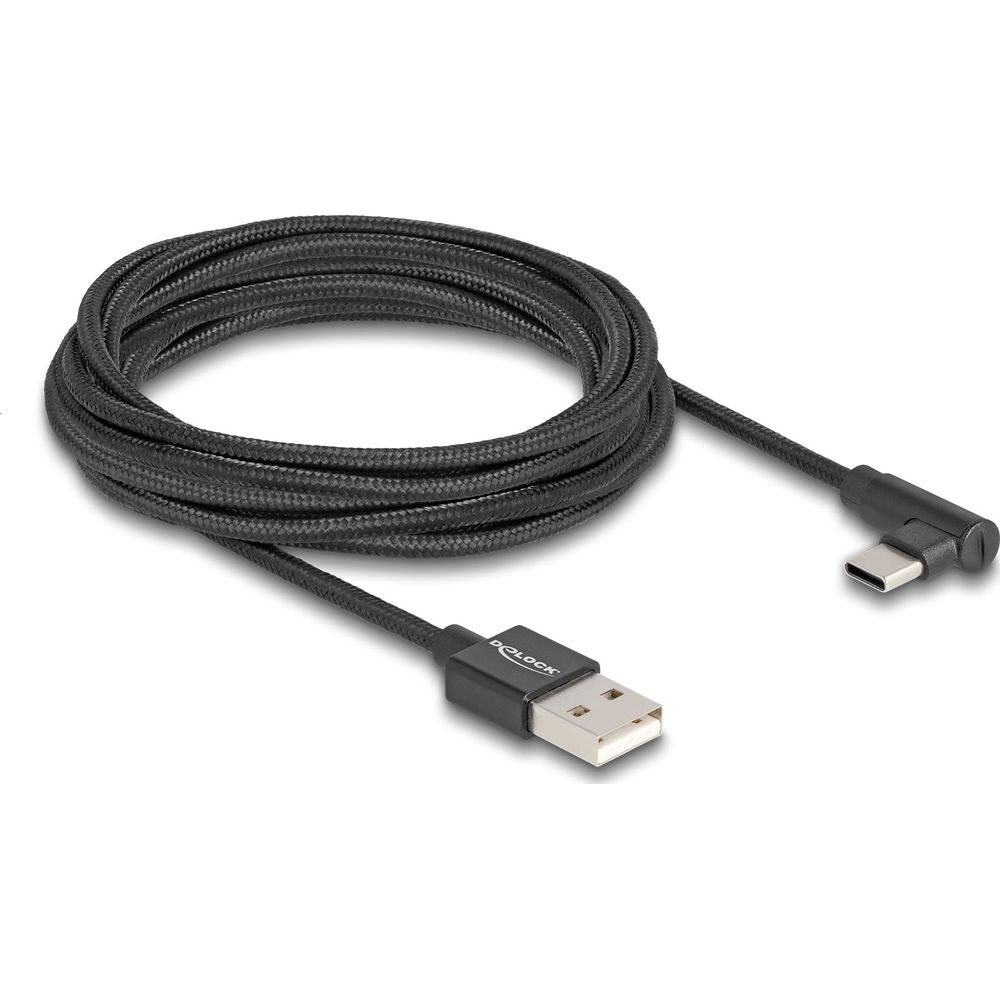 Czarny kabel USB-A do USB-C z plecionym płaszczem i kątowym złączem.