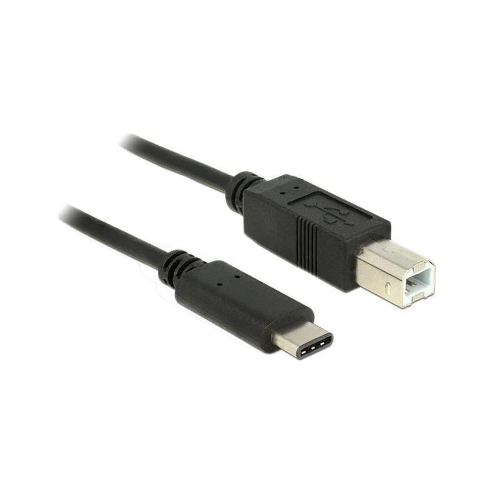 Een zwarte USB-C naar USB-B kabel met connectoren op witte achtergrond.
