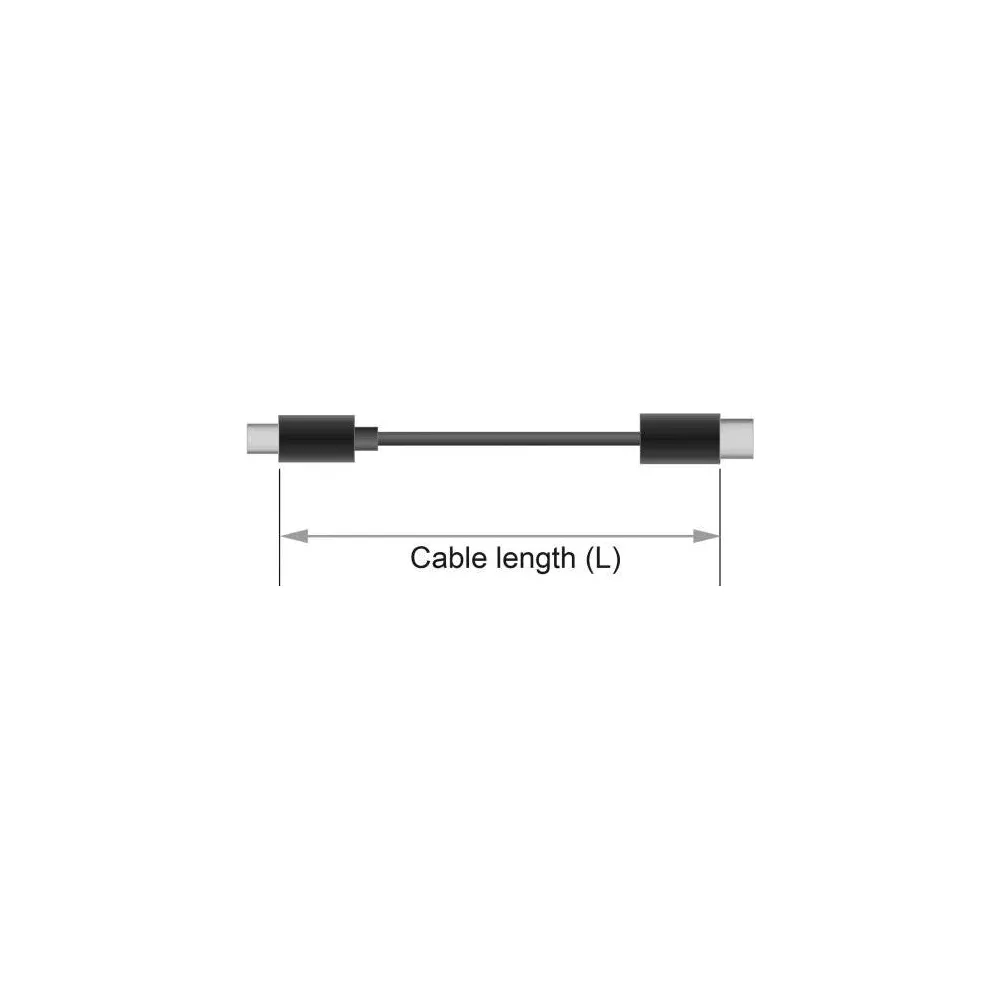 Een korte zwarte kabel met twee USB-C-connectoren en lengteaanduiding.