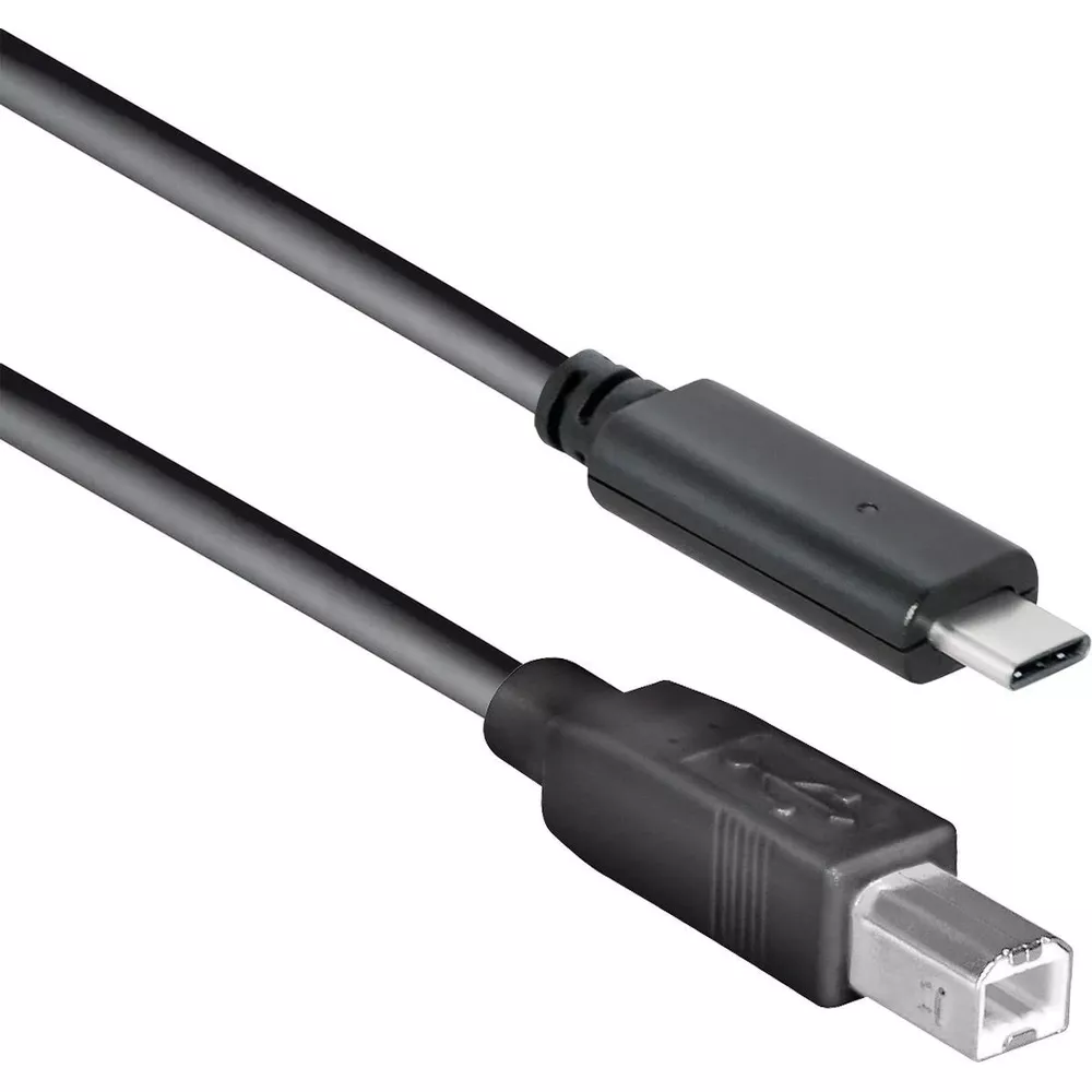 Een zwarte USB-C naar USB-B kabel met beide connectoren zichtbaar.