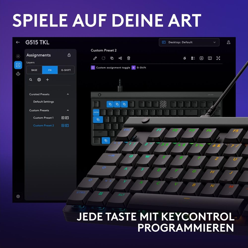 Oprogramowanie Logitech G515 TKL pokazuje przypisania klawiszy. Klawiatura na pierwszym planie.