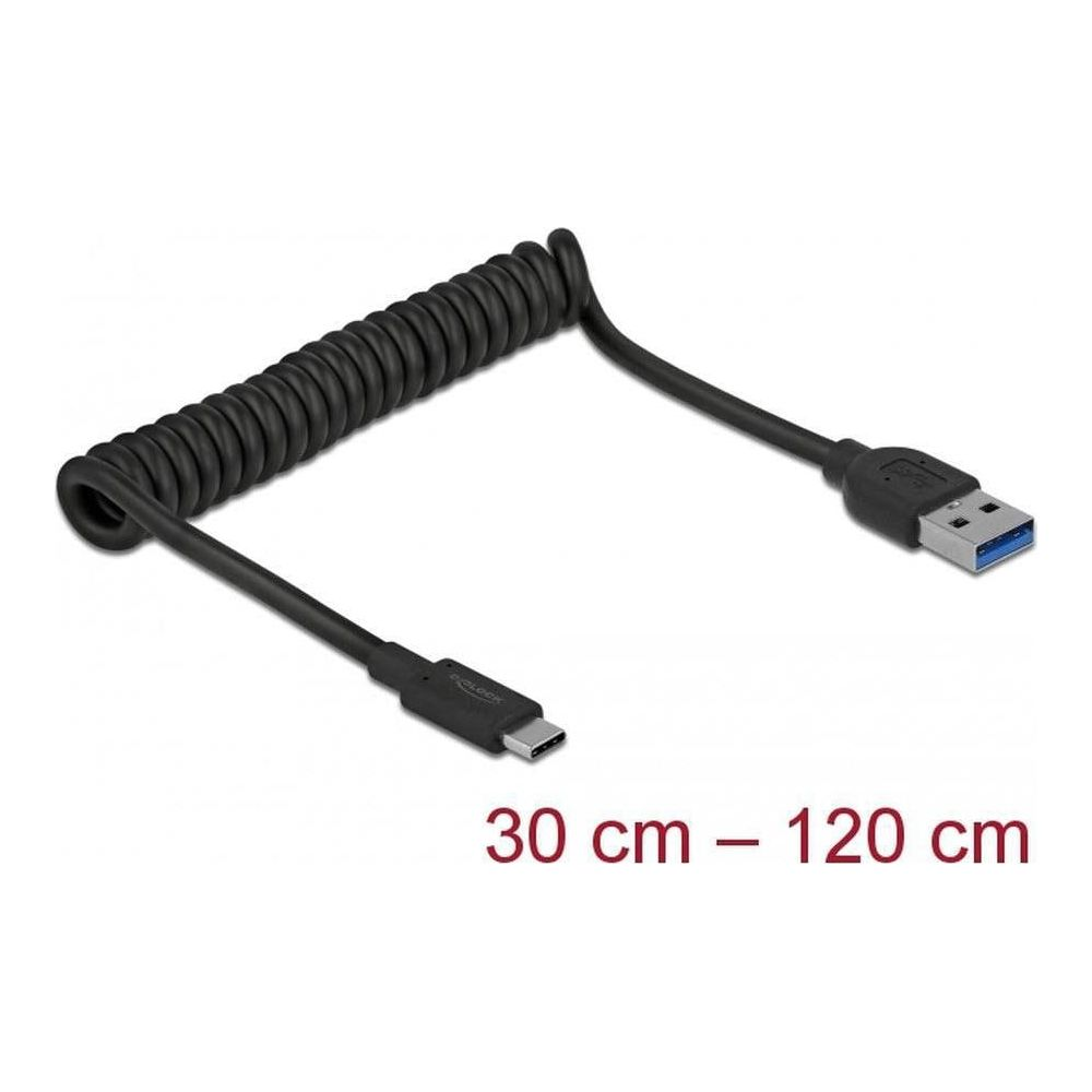 Schwarzes Spiralkabel mit USB-A und USB-C Anschlüssen, 30-120cm.