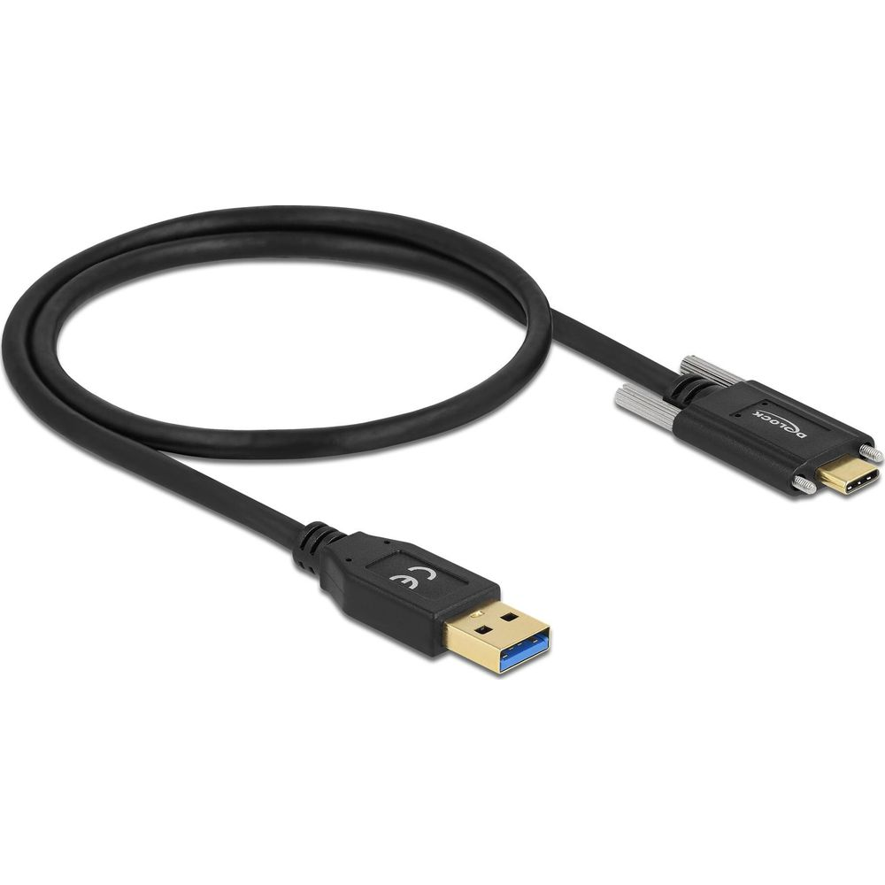 Cavo USB nero con connettori USB-A e USB-C, isolato su bianco.