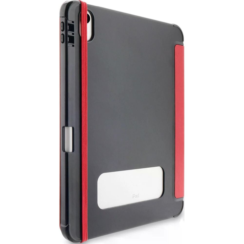 Étui iPad gris foncé avec élastiques rouges et bande rouge.