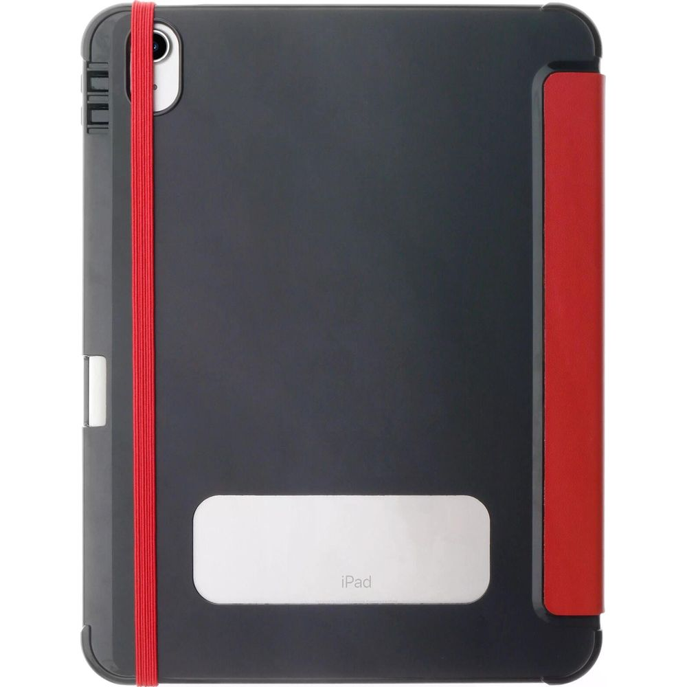 Étui noir pour iPad avec élastique rouge et bord rouge.