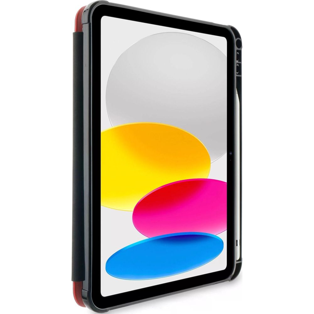 Une tablette avec un cadre noir et des graphiques de fond colorés.