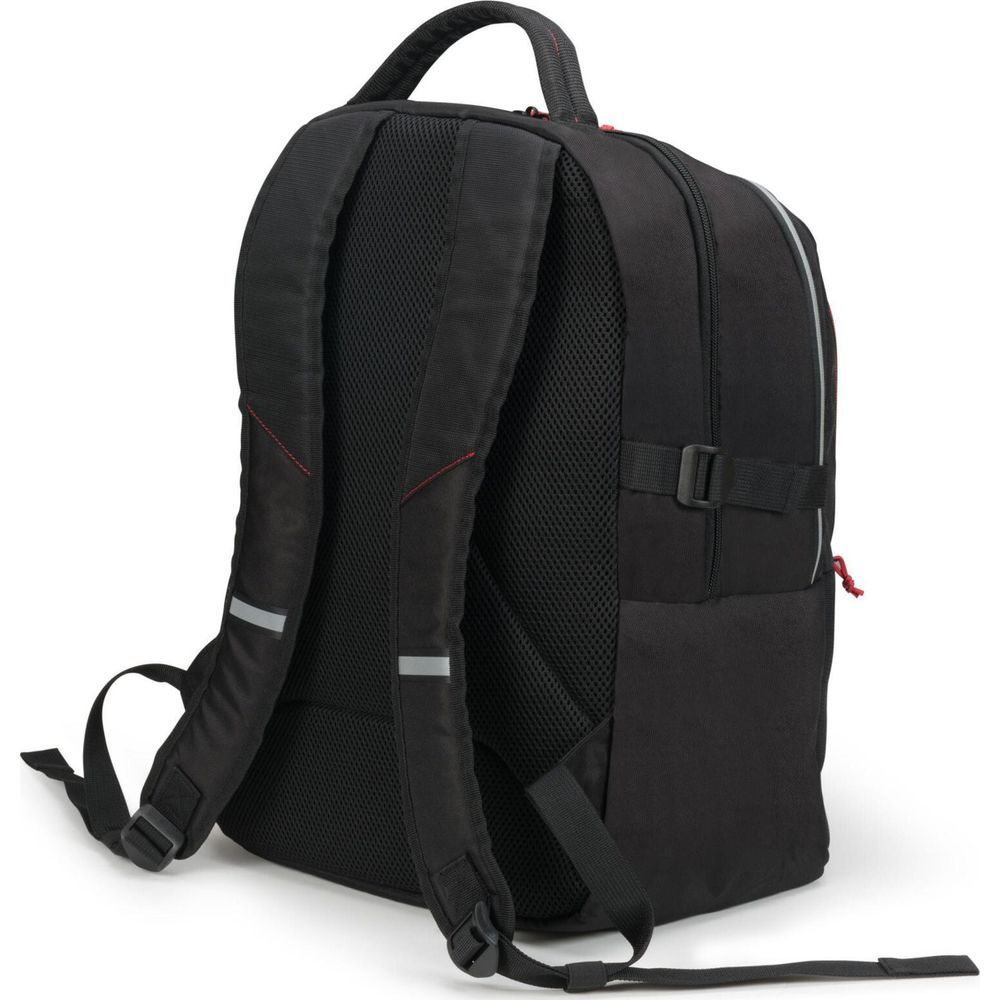 Schwarzer Rucksack mit gepolsterten Trägern und reflektierenden Details.