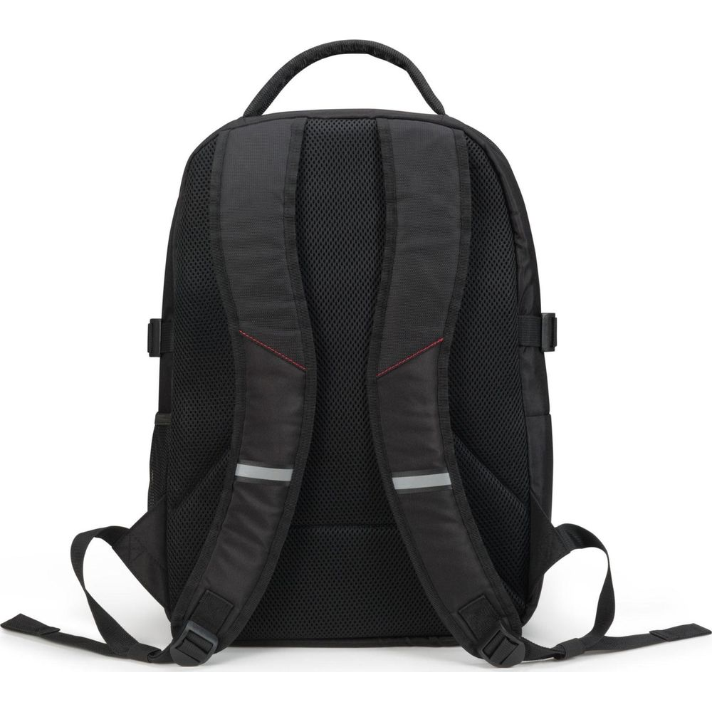 Schwarzer Rucksack mit gepolsterten Trägern und reflektierenden Streifen.