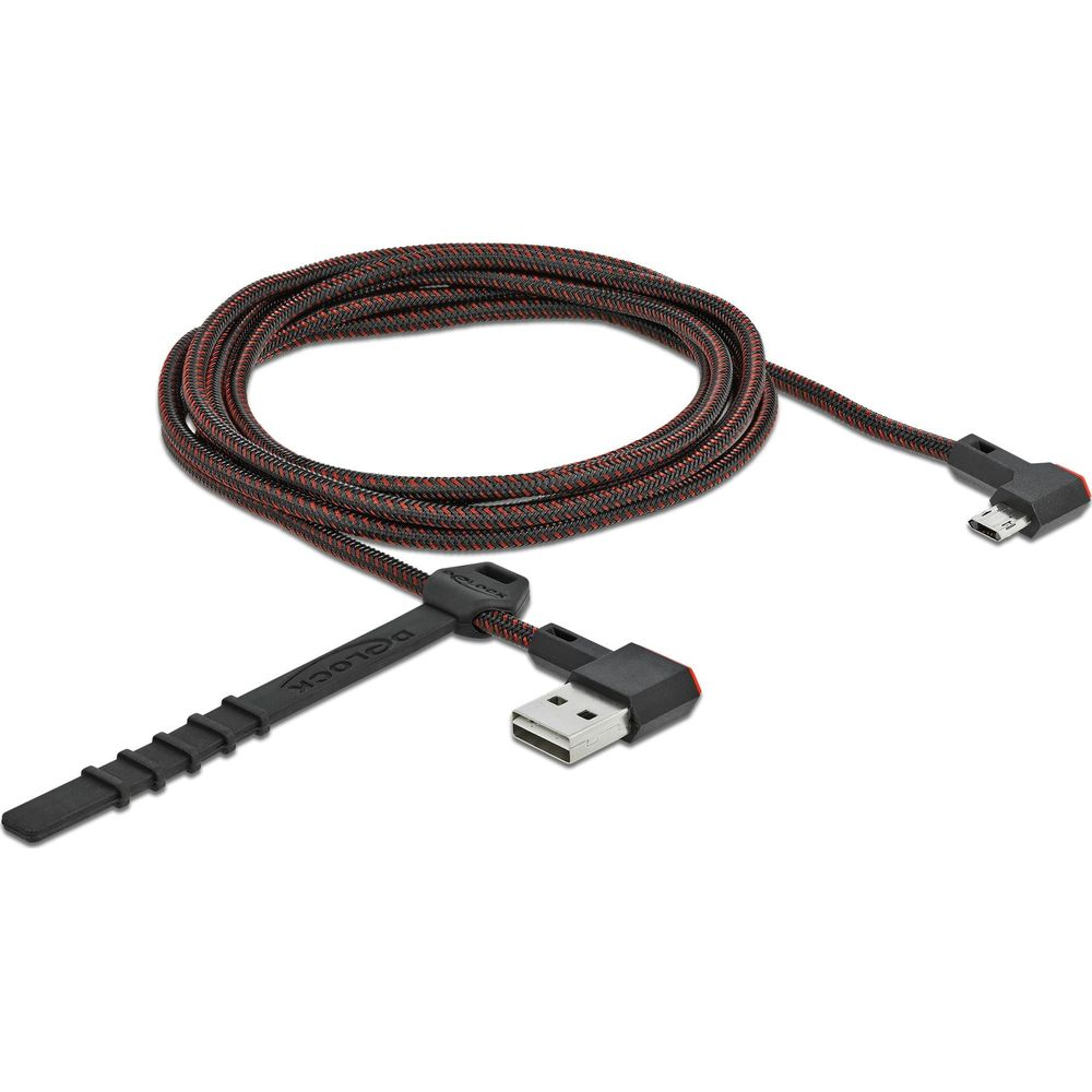 Cavo USB a micro USB intrecciato nero e rosso con connettori angolati.