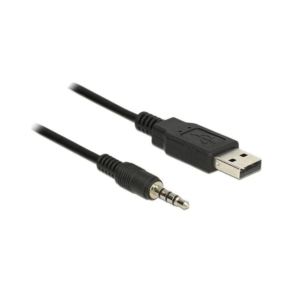 Un cavo USB nero con connettore jack da 3,5 mm su sfondo bianco.