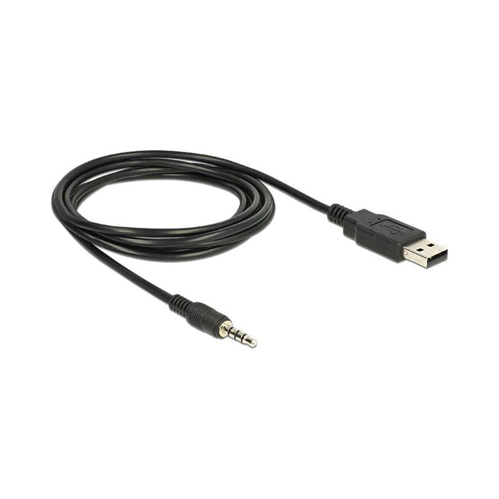 Un cavo audio USB nero con jack da 3,5 mm, su sfondo bianco.