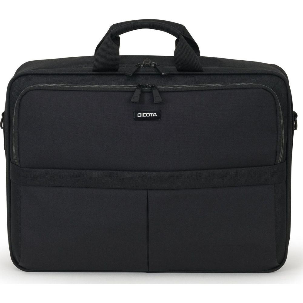 Borsa nera per laptop con manici e cerniere. Due tasche applicate sul davanti.