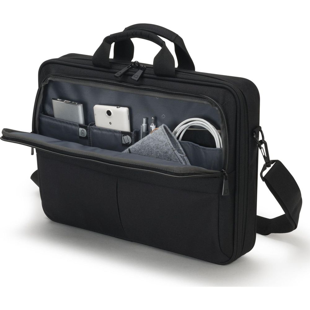 Borsa nera per laptop con scomparto aperto che mostra un power bank argentato, smartphone, cavi e tessuto.
