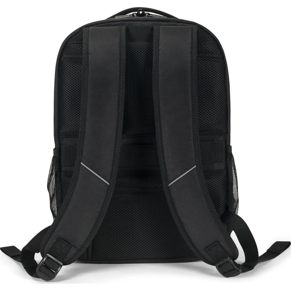 Vista posteriore di uno zaino nero con spallacci imbottiti e tasche laterali in rete.