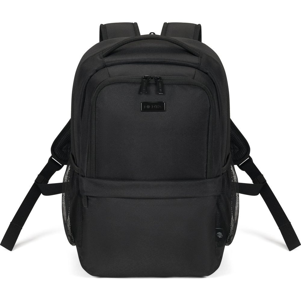 Zaino nero con spallacci imbottiti e tasche laterali in rete.