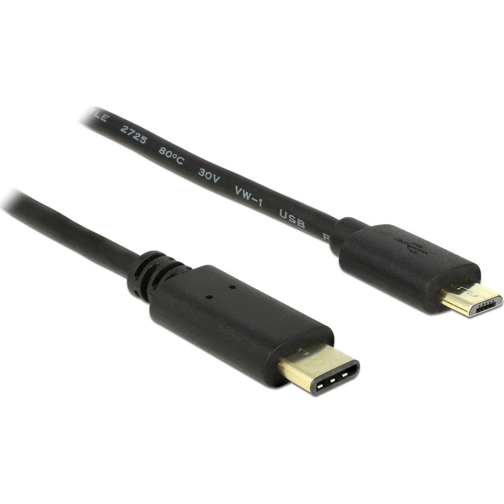 Un câble USB noir avec connecteurs Type-C et Micro-USB sur fond blanc.