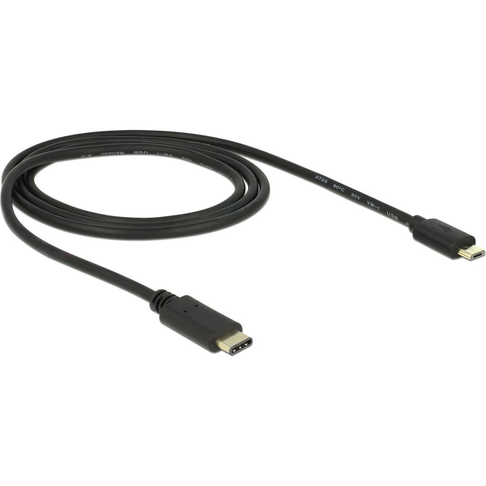 Un câble USB-C noir repose sur fond blanc.