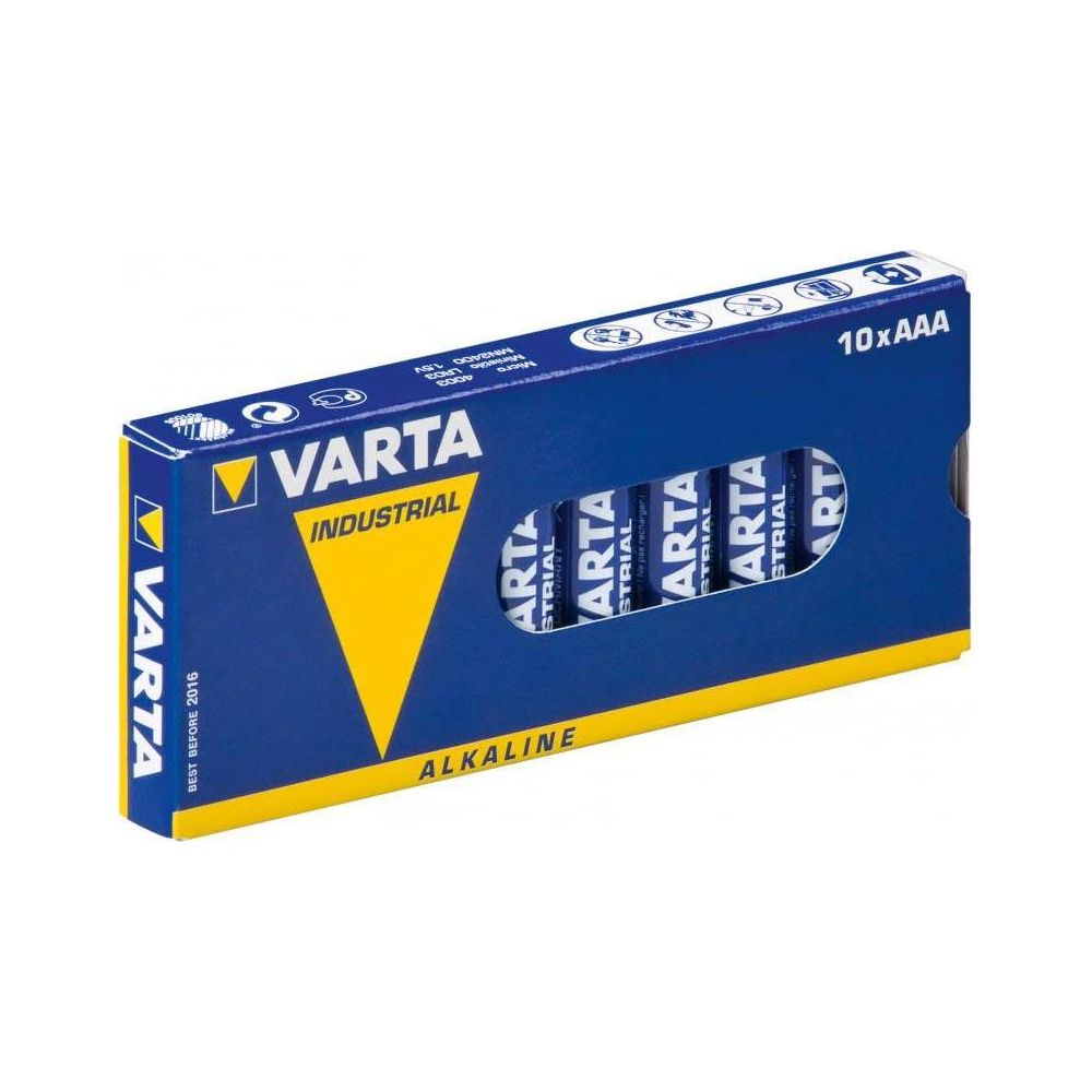 Baterie Varta AAA w opakowaniu 10 sztuk, niebiesko-żółte z tekstem.