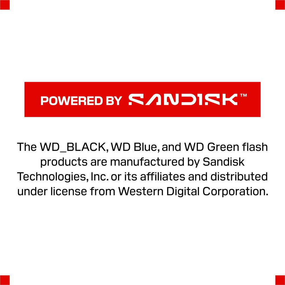 Czerwony pasek z napisem 'POWERED BY SANDISK' i tekstem o produkcji produktów WD.