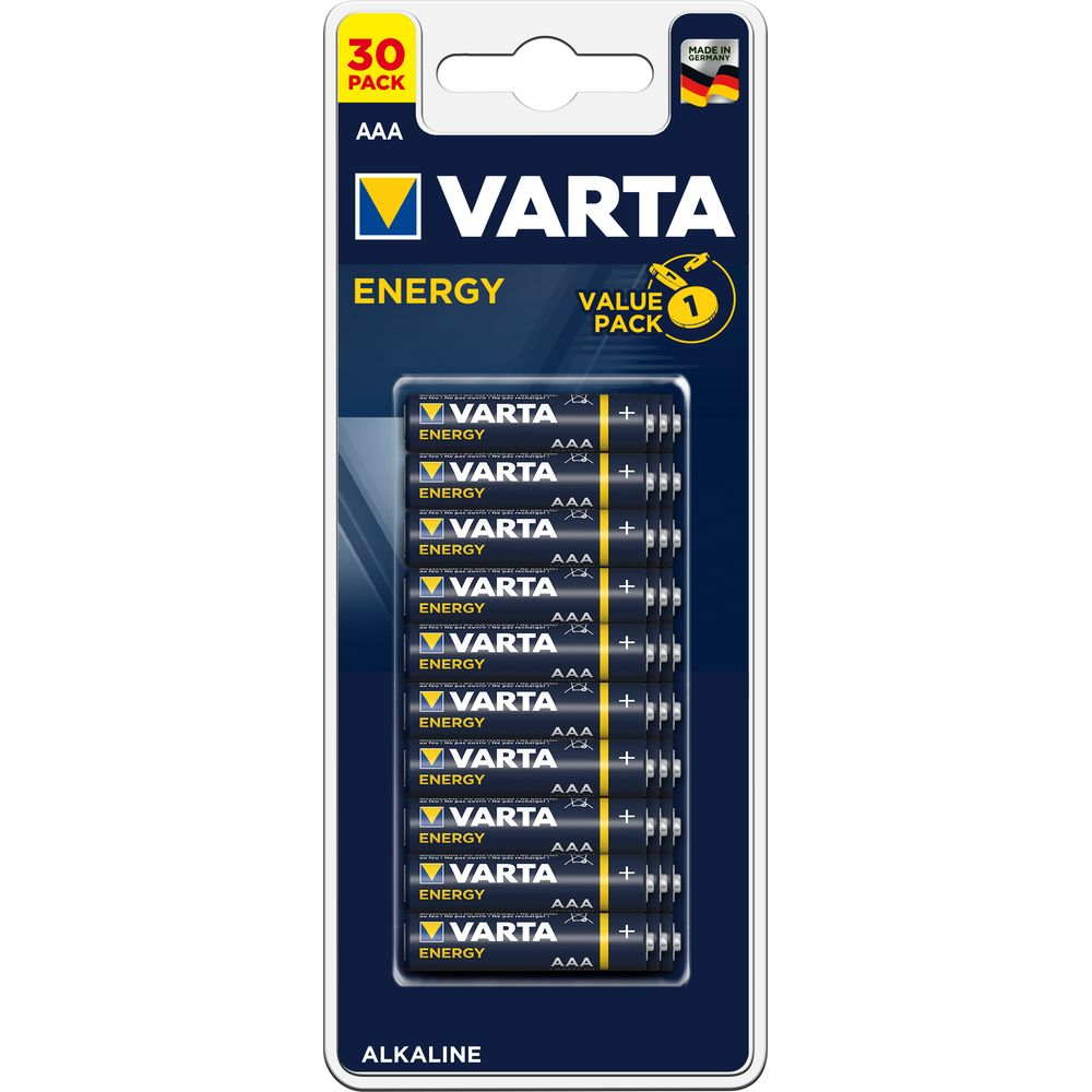 Opakowanie 30 szt. baterii Varta AAA, Made in Germany.
