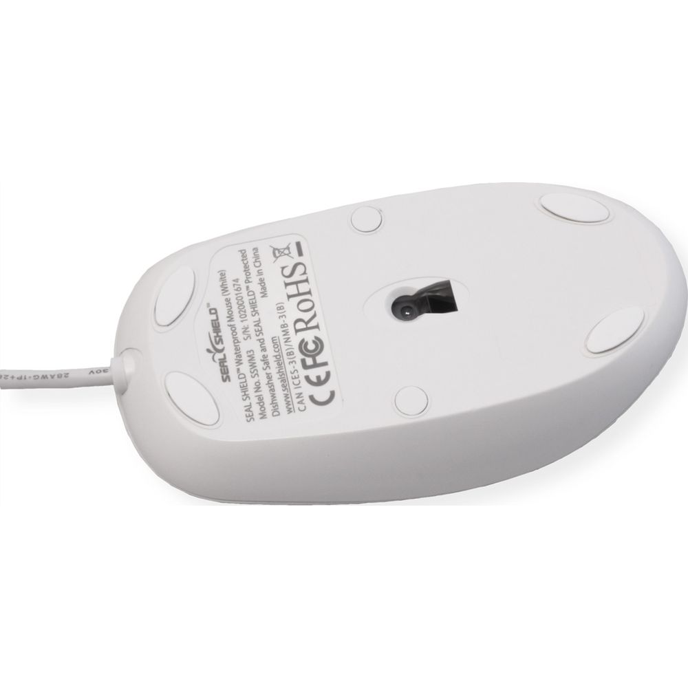 Ratón blanco e impermeable con cable. Etiqueta muestra modelo, número de serie y certificaciones.