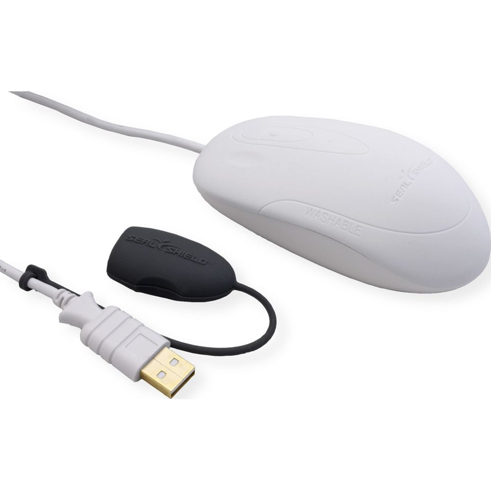 Un ratón blanco y lavable con conector USB y tapa protectora negra.