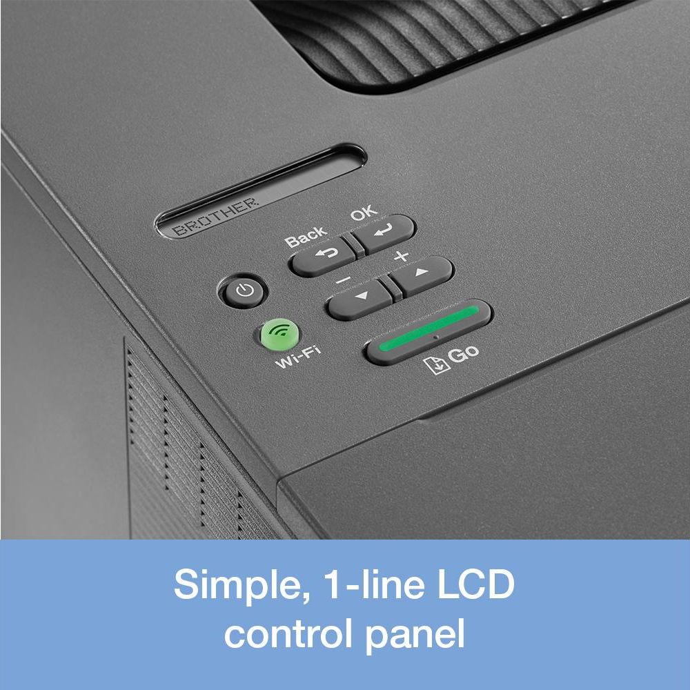 Pannello di controllo stampante con tasti accensione, Wi-Fi, Indietro, OK, Più, Meno e Go.