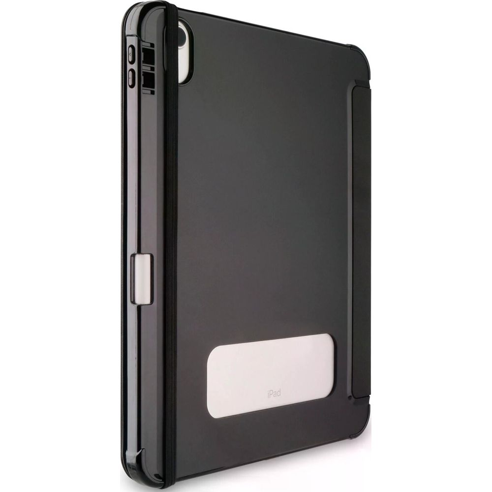 Schwarze iPad-Hülle mit offenem Verschluss und schmalem Steg.