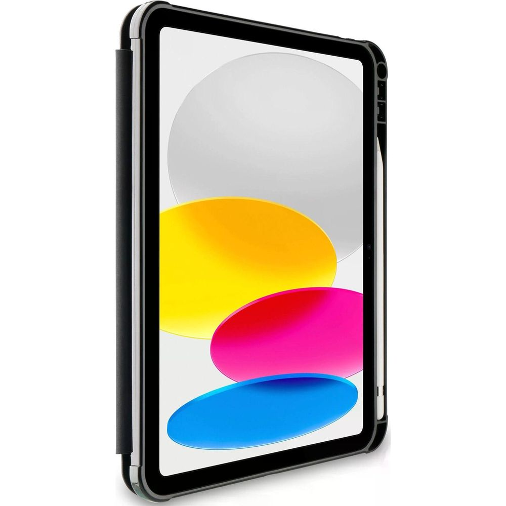 Ein schwarzes Tablet mit bunten Kreisen auf dem Bildschirm. Weier Hintergrund.
