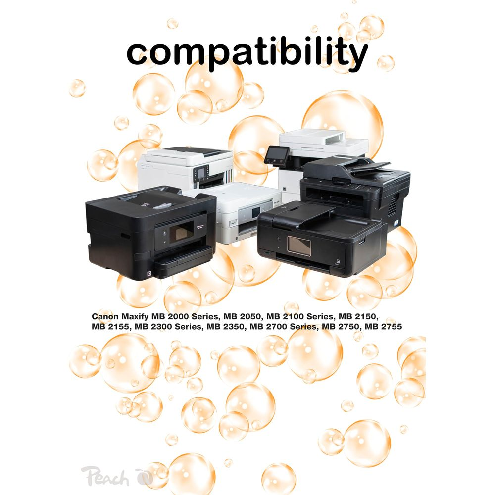 Diverse stampanti Canon Maxify sono visualizzate con bolle sullo sfondo.