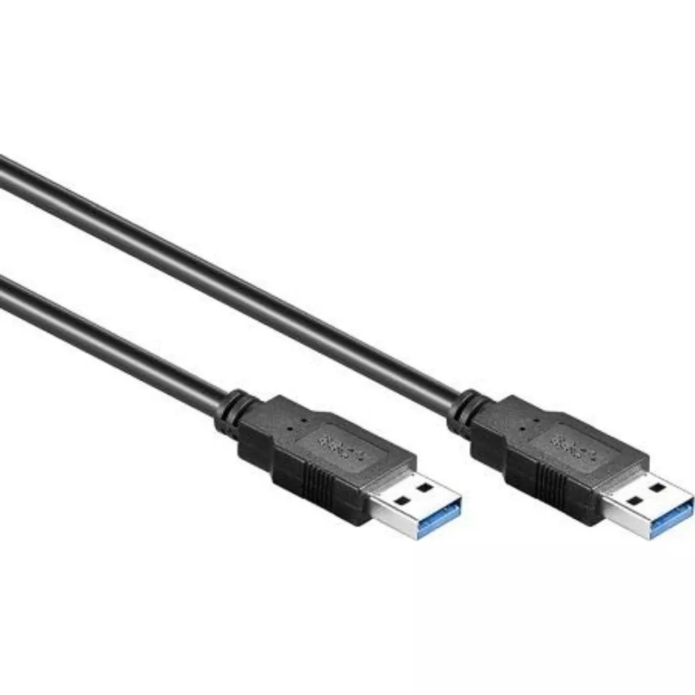 Een zwarte USB 3.0 kabel met twee connectoren, op witte achtergrond.