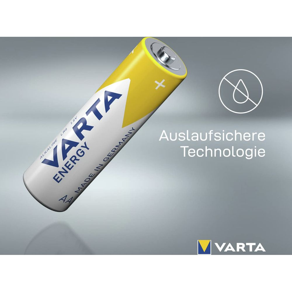 Bateria Varta AA z napisem 'Technologia zapobiegająca wyciekom'.