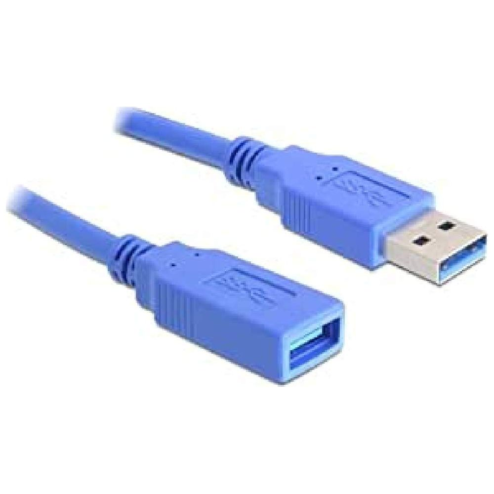 Two blue USB 3.0 cable ends, one male connector, one female connector.