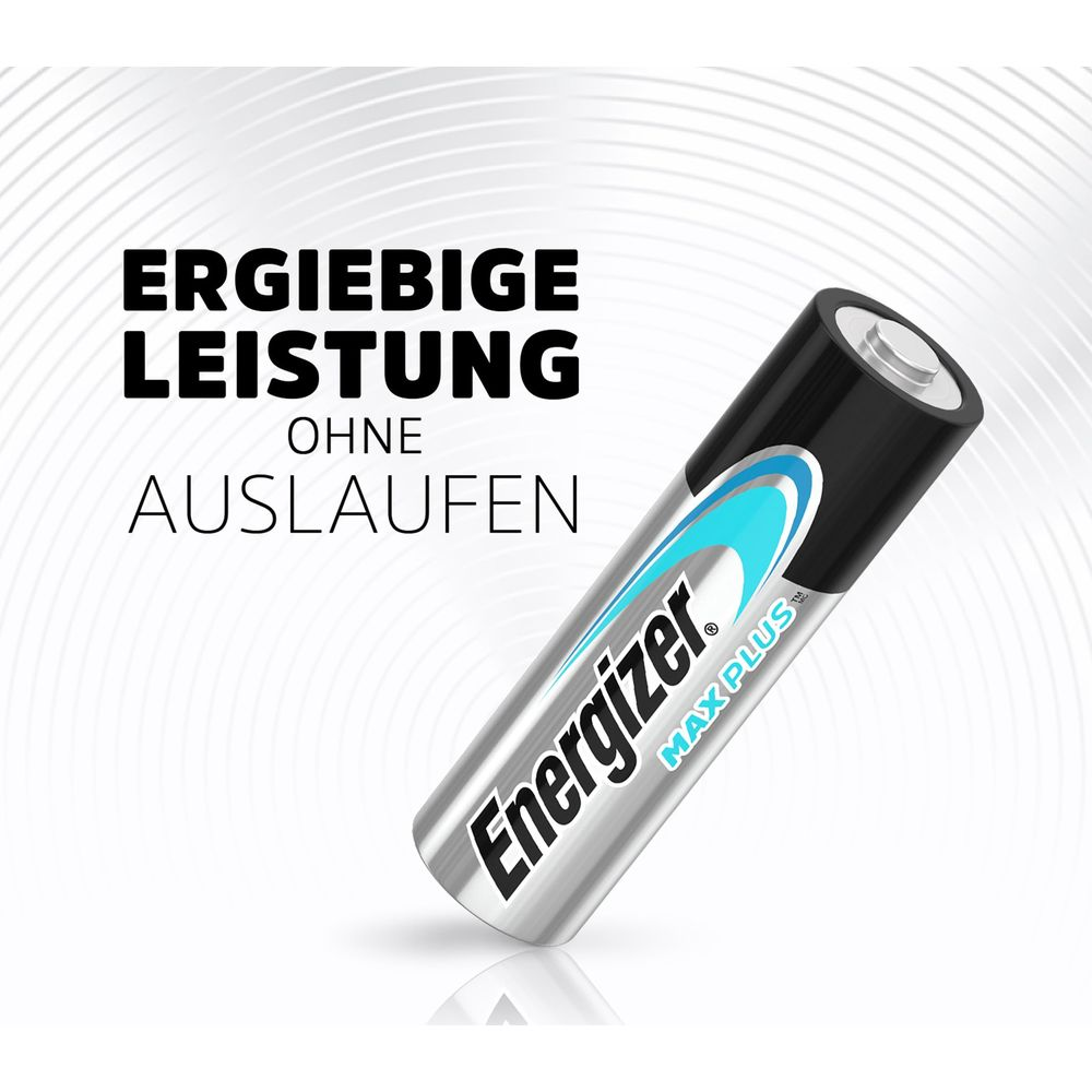Una batteria Energizer Max Plus argentata con testina nera.