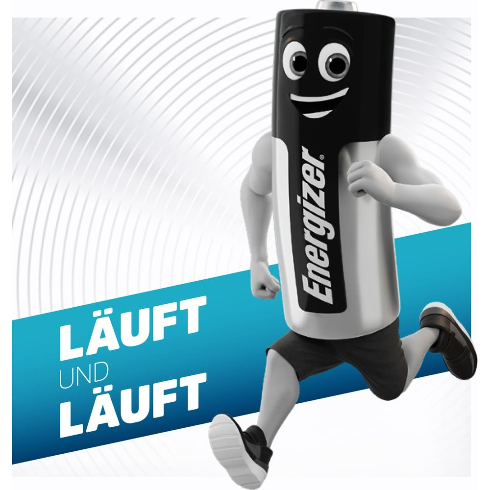 Batteria Energizer con braccia e gambe che corre su sfondo blu.