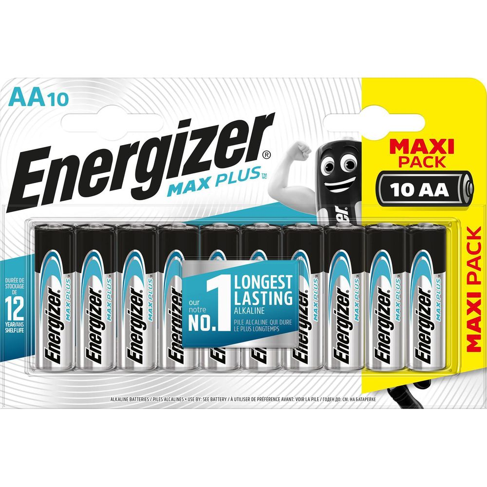 Batterie Energizer AA, confezione da 10, tecnologia MAX PLUS, claim 'Longest Lasting'.