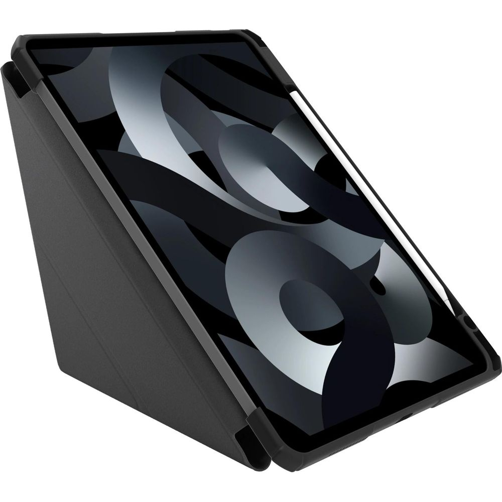 Un tablet nero in una custodia, in piedi, che mostra uno sfondo astratto.